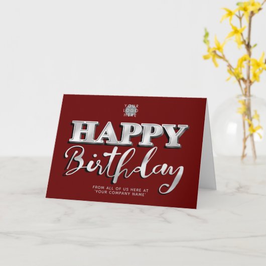 Logo Silver Lettering Burgundy Business Birthday Kaart (Gele Bloem)