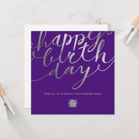Logo Silver Script Lettering Chic Paars Birthday Kaart (Voorkant / Achterkant in situ)
