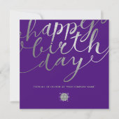 Logo Silver Script Lettering Chic Paars Birthday Kaart (Voorkant)