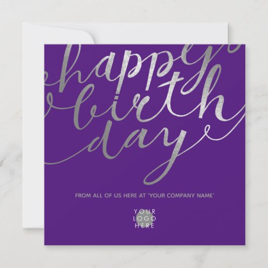 Logo Silver Script Lettering Chic Paars Birthday Kaart (Voorkant)