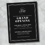 Logo Simple Business Grand Opening Briefkaart<br><div class="desc">Een strakke en minimalistische zwart-wituitnodiging die is ontworpen voor een grootse opening, productlancering of merkevenement. De lay-out is voorzien van een zwarte achtergrond met witte klassieke seriële typografie, een combinatie van eenvoudige en dikke lettertypestijlen voor een schone, professionele uitstraling. Een eenvoudig lijst met dubbele lijnen voegt een elegante toets toe...</div>