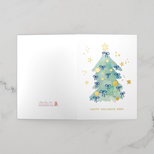 Logo Simple Christmas Tree Blue Ribbons Business Folie Feestdagenkaart (Buiten Laag)