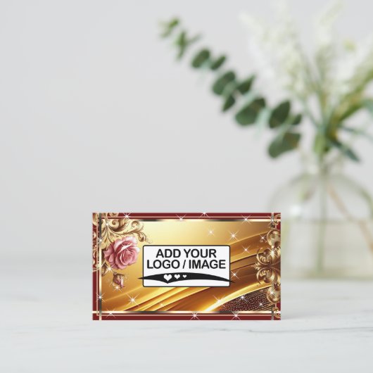 Logo Sjabloon Luxe Chique Goud Rood Rose Bloem Visitekaartje (Staand voorkant)