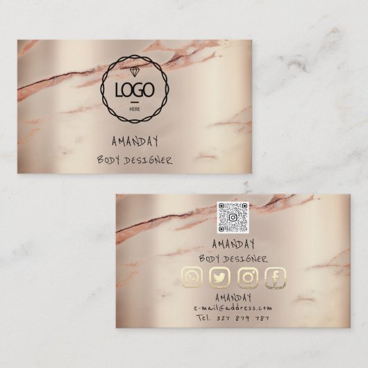 Logo Social Media QR Code Gold Roos Stone Marble Visitekaartje (Voorkant / Achterkant)