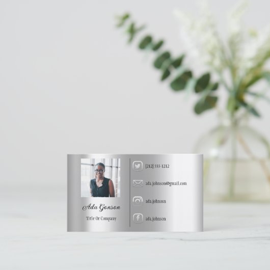 Logo Sociale media QR-code Foto Zilvergrijs Visitekaartje (Staand voorkant)