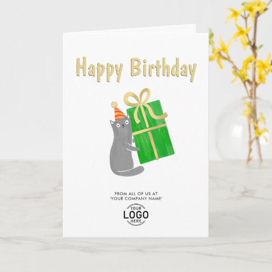 Logo Toevoegen Moppige Kat Groene Cadeau Zakelijke Kaart (Gele Bloem)