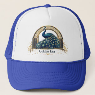 Logo uit het gouden tijdperk met elegante pauwontw trucker pet