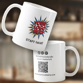 Logo-upload, personeelsnaam, QR-code, bedrijfsmerk Koffiemok