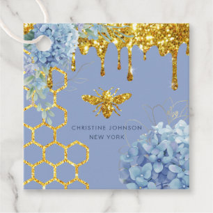 logo van bijen en blauwe hydrangea bedankjes labels