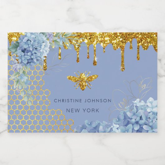 logo van bijen en blauwe hydrangea likeurfles etiket (Enkel label)