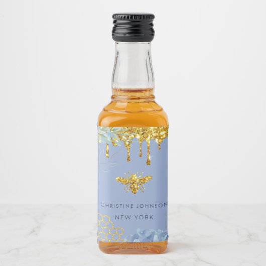 logo van bijen en blauwe hydrangea likeurfles etiket (Voorkant)