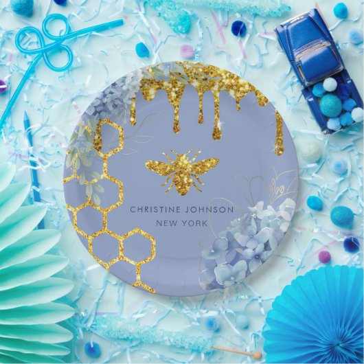 logo van bijen en blauwe hydrangea papieren bordje (Feest)