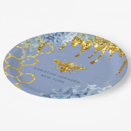 logo van bijen en blauwe hydrangea papieren bordje (Gekanteld)