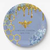 logo van bijen en blauwe hydrangea papieren bordje (Voorkant)