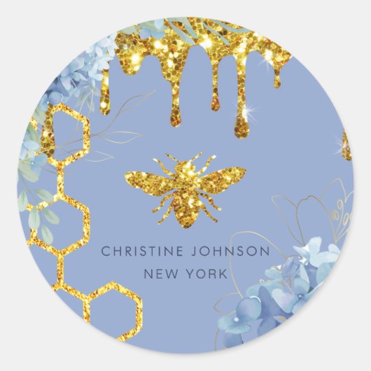 logo van bijen en blauwe hydrangea ronde sticker (Voorkant)