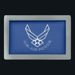 Logo van de luchtmacht - blauw gesp<br><div class="desc">Dit ontwerp is voorzien van de iconische Air Force logo tegen een opvallende blauwe achtergrond. De schone en patriottische uitstraling belichaamt de eer,  trots en traditie van de Amerikaanse luchtmacht,  waardoor het ideaal is voor het tonen van steun en waardering voor militaire dienst.</div>