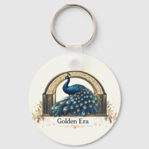 Logo van Gouden Tijdperk met Elegant Pauwontwerp Sleutelhanger