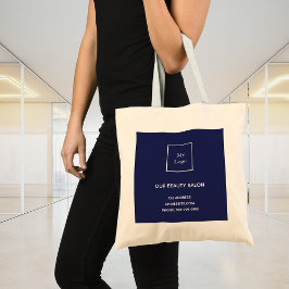 Logo van marineblauw-witte business tote bag