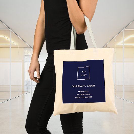 Logo van marineblauw-witte business tote bag