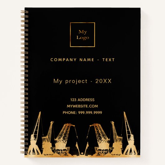 Logo voor de bouw van zwarte gouden kranen notitieboek (Voorkant)