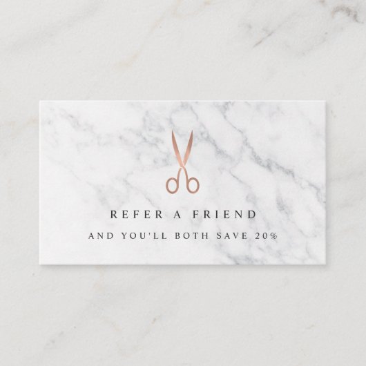 Logo voor marmer- en Roos Gold-schaar | Hair Salon Aanbevelingskaartje (Voorkant)