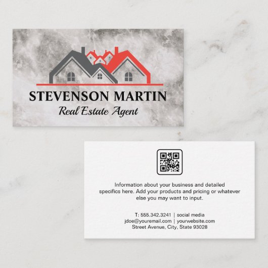 Logo voor onroerend goed | Marmer Texture | QR-cod Visitekaartje (Voorkant / Achterkant)
