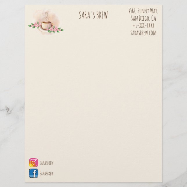 logo waterverf koffie mok en bloementeelt briefhoofd (Voorkant)