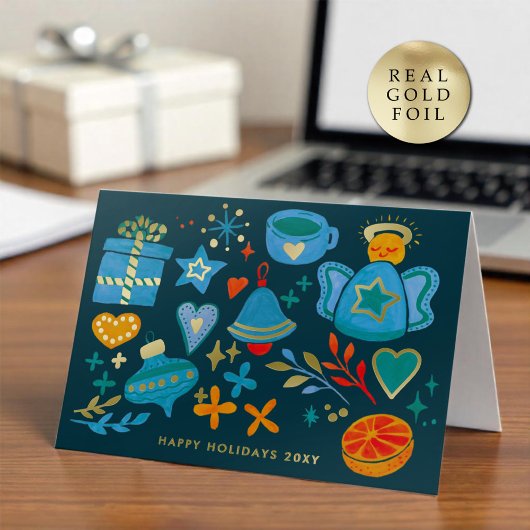 Logo Whimsical Hand Painted  Blue Orange Business Folie Feestdagenkaart