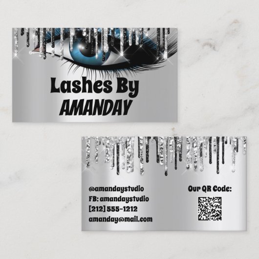Logo wimpers make-up artiest zilveren druppels QR Visitekaartje (Voorkant / Achterkant)