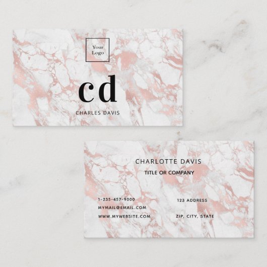 Logo-witte roos goudmarmer minimalistisch monogram visitekaartje (Voorkant / Achterkant)