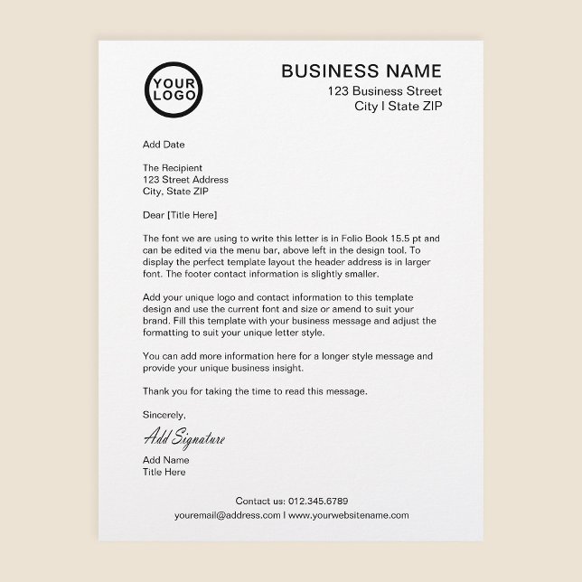 Logo Zakelijk Brief Ondertekening Sjabloon Wit Briefhoofd ( Stylishly Personalize with Your Custom Logo, Business Contact Information & Unique Message.)