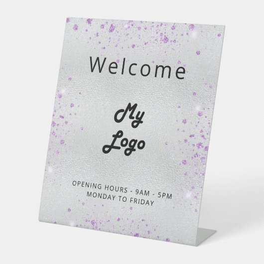 Logo zilver lavendel welkom zakelijk reclamebord met voetstuk (Voorkant)