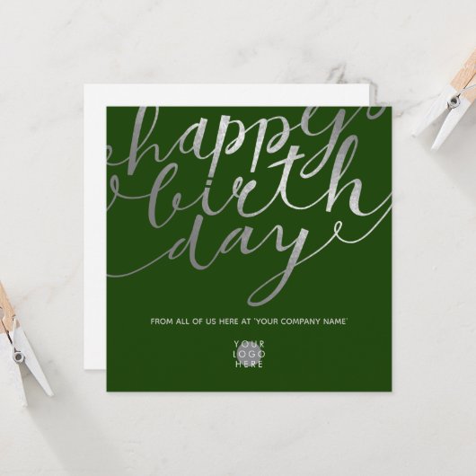 Logo Zilver Script Lettering Forest Green Birthday Kaart (Voorkant / Achterkant in situ)