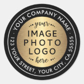 Logo zwart en gouden gradiëntterugkeeradres ronde sticker (Voorkant)