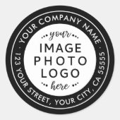 Logo zwart-wit bedrijfsterugkeeradres ronde sticker (Voorkant)