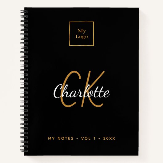 Logo zwarte goudmonogram moderne business notitieboek (Voorkant)