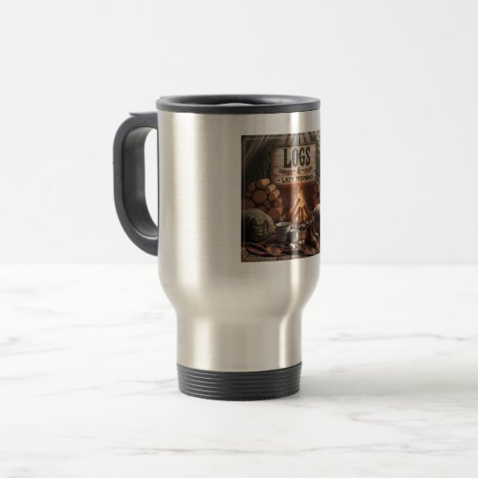 Logs & Lazy Mornings Camp Mug – Rustic Adventure Reisbeker (Voorkant links)
