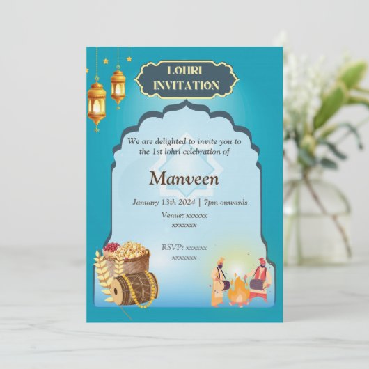 Lohri uitnodiging - Blauw (Staand voorkant)