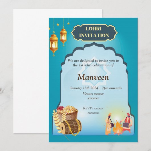 Lohri uitnodiging - Blauw (Voorkant / Achterkant)