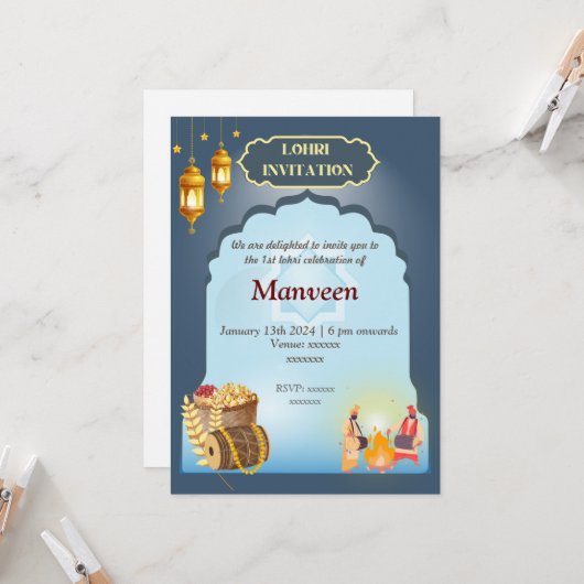 Lohri uitnodiging - grijs & blauw (Voorkant / Achterkant in situ)