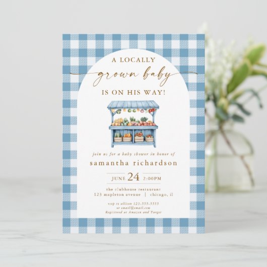 Lokaal gegroeid jongetje op weg naar baby shower kaart (Staand voorkant)