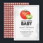 Lokaal gekweekt Baby shower Gingham Waterverf Invi Kaart<br><div class="desc">De markt van de Oostenrijkse boer inspireerde genderneutraal baby shower met een rode en groene tomaat boven witte achtergrond met zwarte tekst. De tegenovergestelde kant is rood en wit gingham.</div>