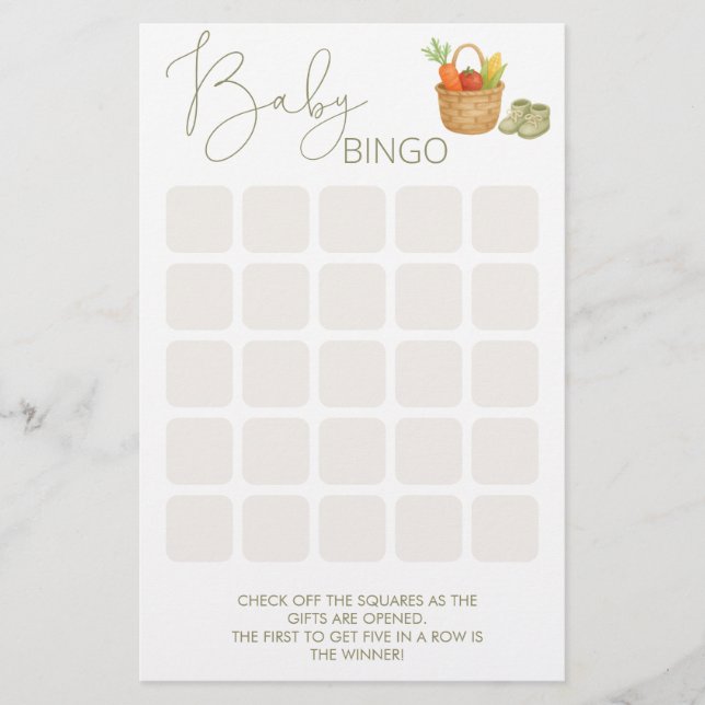 Lokaal geteeld Baby shower Bingo spel (Voorkant)
