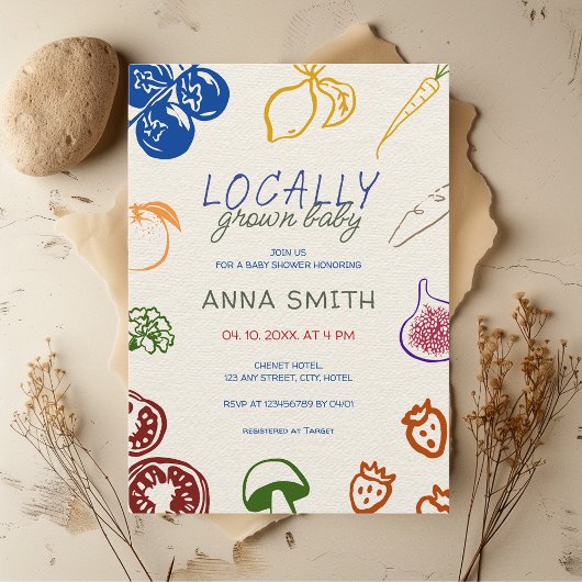 Lokaal geteeld Baby shower handgetekende groenten Kaart