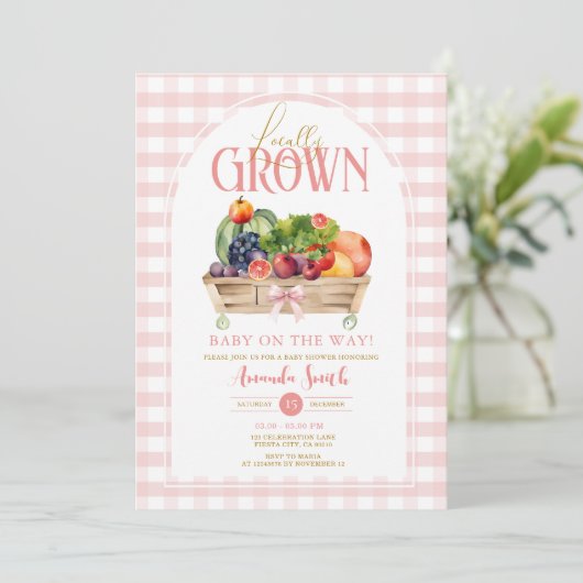 Lokaal geteeld Baby shower Pink Gingham uitnodigin Kaart (Staand voorkant)