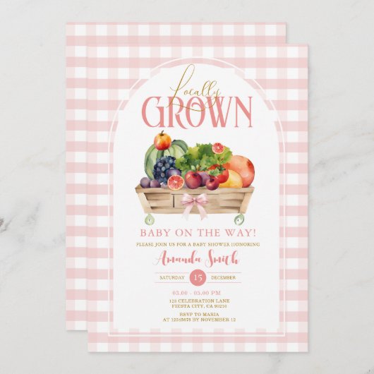 Lokaal geteeld Baby shower Pink Gingham uitnodigin Kaart (Voorkant / Achterkant)