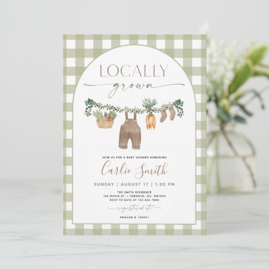 Lokaal geteeld Baby shower uitnodiging, boeren mar Kaart (Staand voorkant)