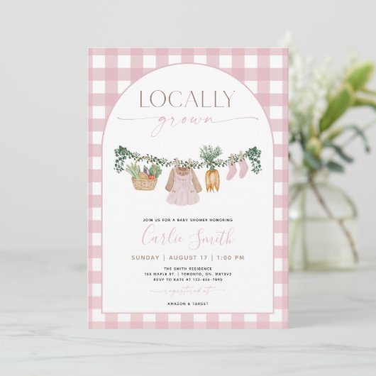 Lokaal geteeld Baby shower uitnodiging, boeren roz Kaart (Staand voorkant)