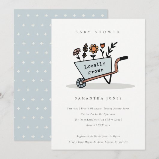 Lokaal geteeld Baby shower van Blauwe Kar Bedankkaart (Voorkant / Achterkant)