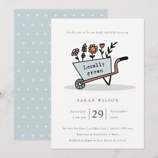 Lokaal geteeld Baby shower van Blauwe Kar Bedankkaart (Voorkant / Achterkant)